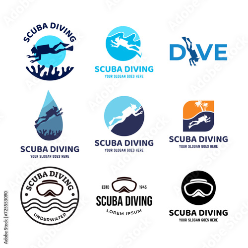 Set of Scuba diving club and diving school design.