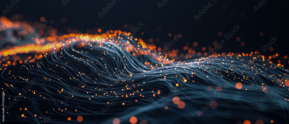 Optical fiber cables glowing with orange light and bokeh.
 - obrazy, fototapety, plakaty 