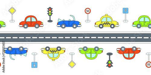 Cartoon colored cars, traffic lights, road signs on white background. Seamless border. Vector illustration for wallpaper, print, fabrics.