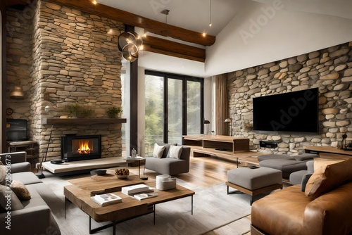 View of living room with fireplace and old stone wall and modern television