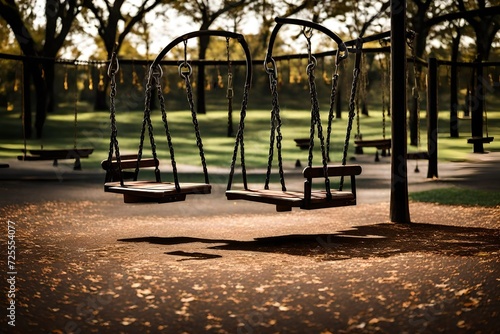 Empty swings rest still on an empty playground © MISHAL