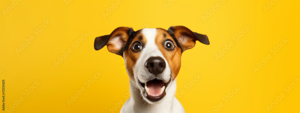 A very surprised dog with wide open eyes and mouth on a yellow background
