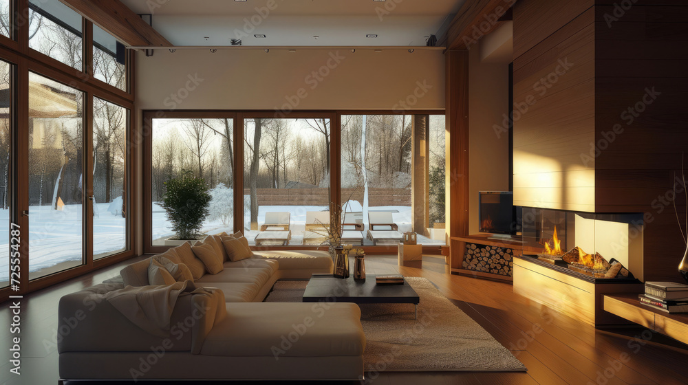 Cozy modern living room with fireplace on a sunny winter evening Cozy modern living room with fireplace on a sunny winter evening