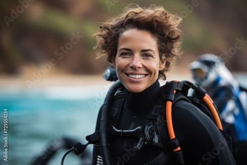 Portrait of a happy woman with scuba gear smiling at the camera © Nerea