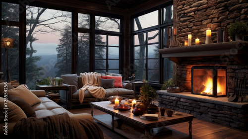Cozy living room with fireplace, sofas, large windows overlooking the park 