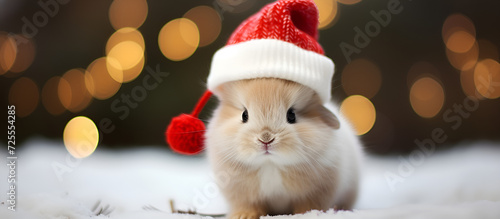 Cute red bunny rabbit in Santa Claus hat on snow background with bokeh lights Christmas background Greeting card New Year holidays