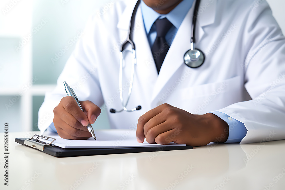 Close-up of female doctor filling up medical form while sitting at the desk Close-up of female doctor filling up medical form while sitting at the desk