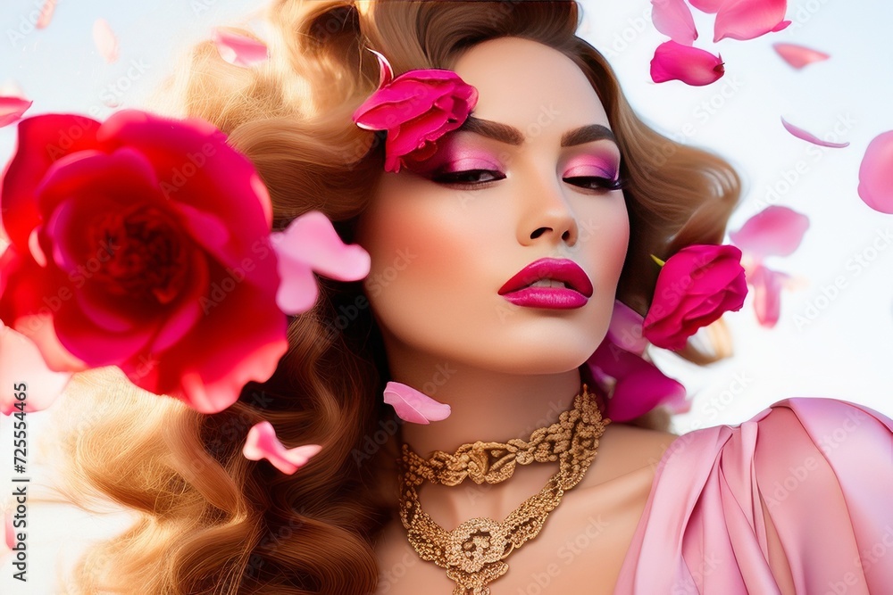 young beauty sensual woman with long hair lying on petals young beauty sensual woman with long hair lying on petals