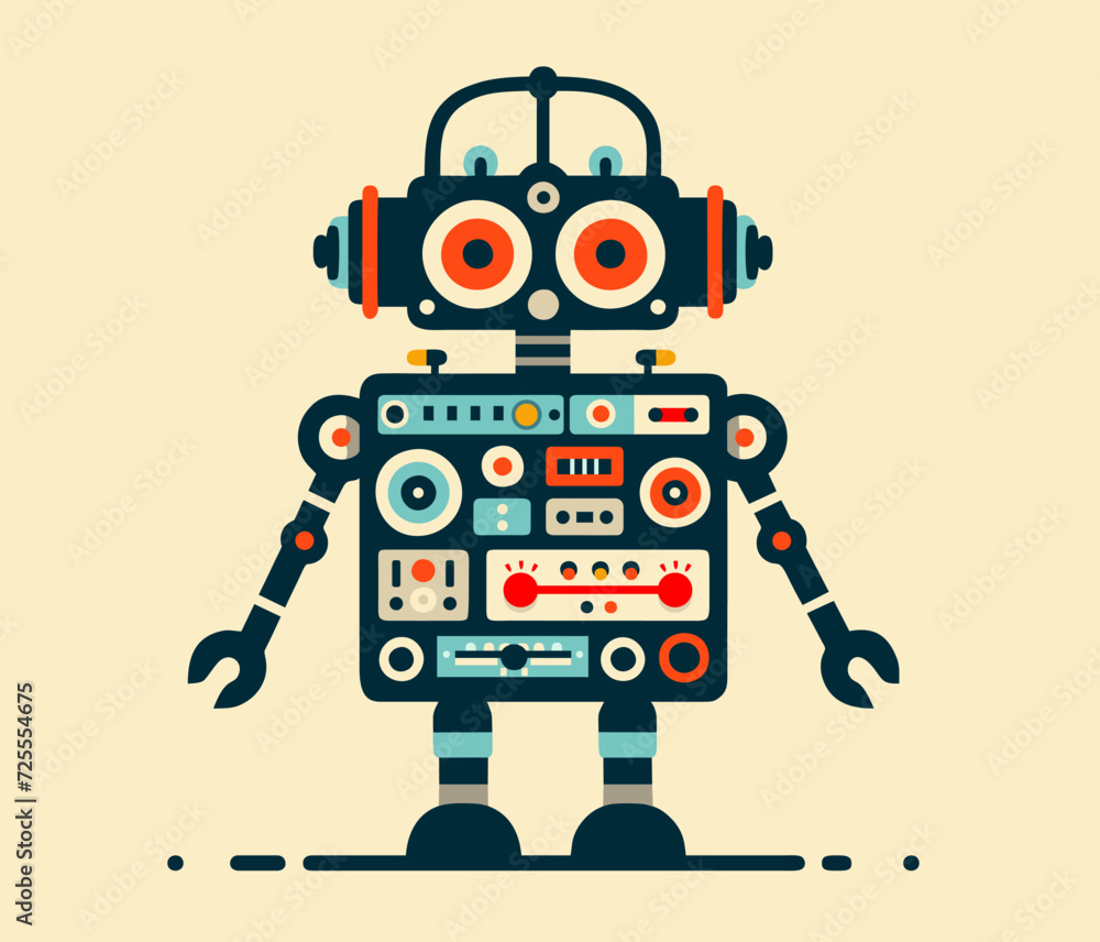 Fototapeta premium Analog robot in 60s style. Flat vector graphics. Retro robot funny toy isolated on yellow background