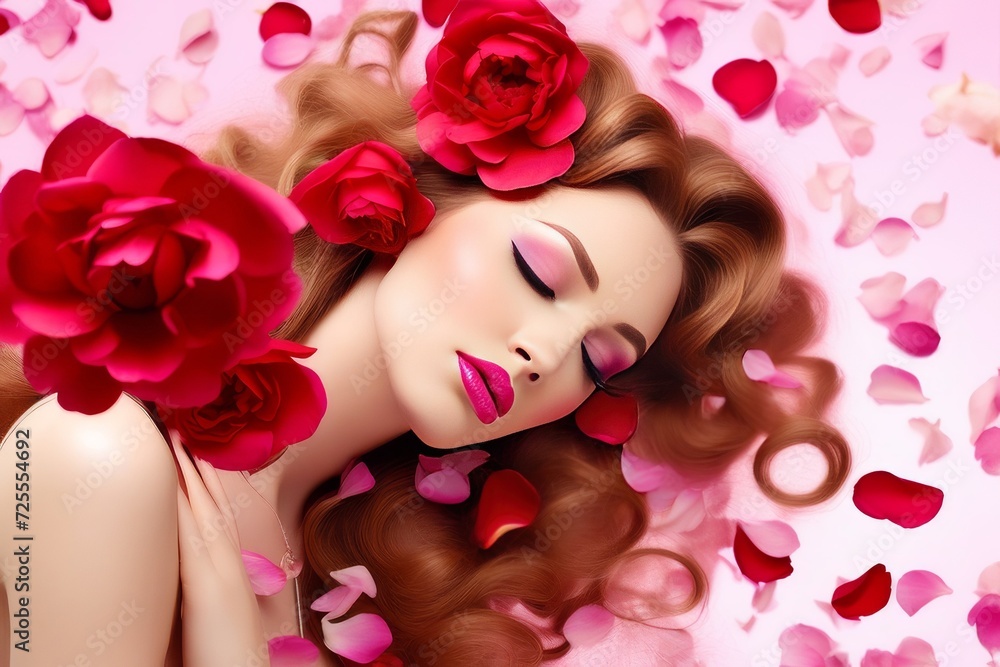 young beauty sensual woman with long hair lying on petals
