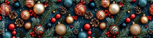 Christmas holiday celebration decoration background banner panorama, long texture - Chrsitmas ornaments, baubles and pine brnaches, on dark blue table, top view, seamless pattern, Generative AI photo