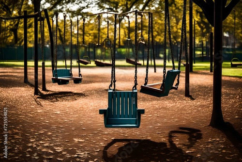 Empty swings rest still on an empty playground