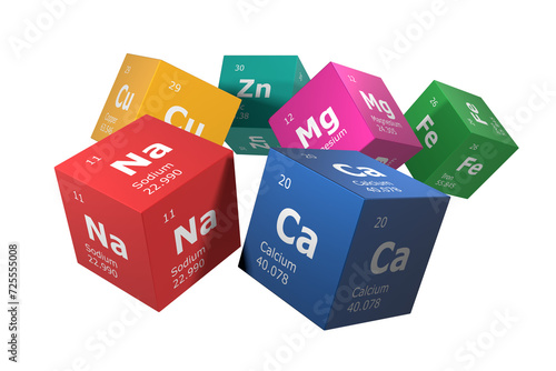 3D rendering of the elements of the periodic table, sodium, calcium, zinc, magnesium, iron and copper. Education, science, technology and engineering background. 3D illustration