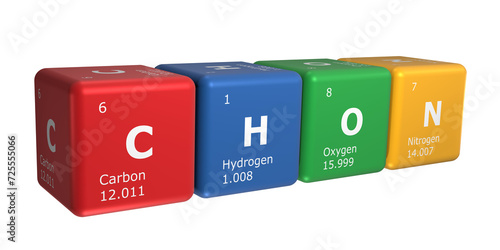 3D rendering of cubes of the elements of the periodic table, carbon, hydrogen, oxygen and nitrogen. Science, technology and engineering. 3D illustration photo