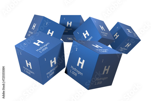 Hydrogen, 3D rendering of symbols of the elements of the periodic table, atomic number, atomic weight, name and symbol. Education, science and technology. 3D illustration