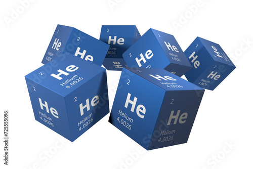 Helium, 3D rendering of symbols of the elements of the periodic table, atomic number, atomic weight, name and symbol. Education, science and technology. 3D illustration