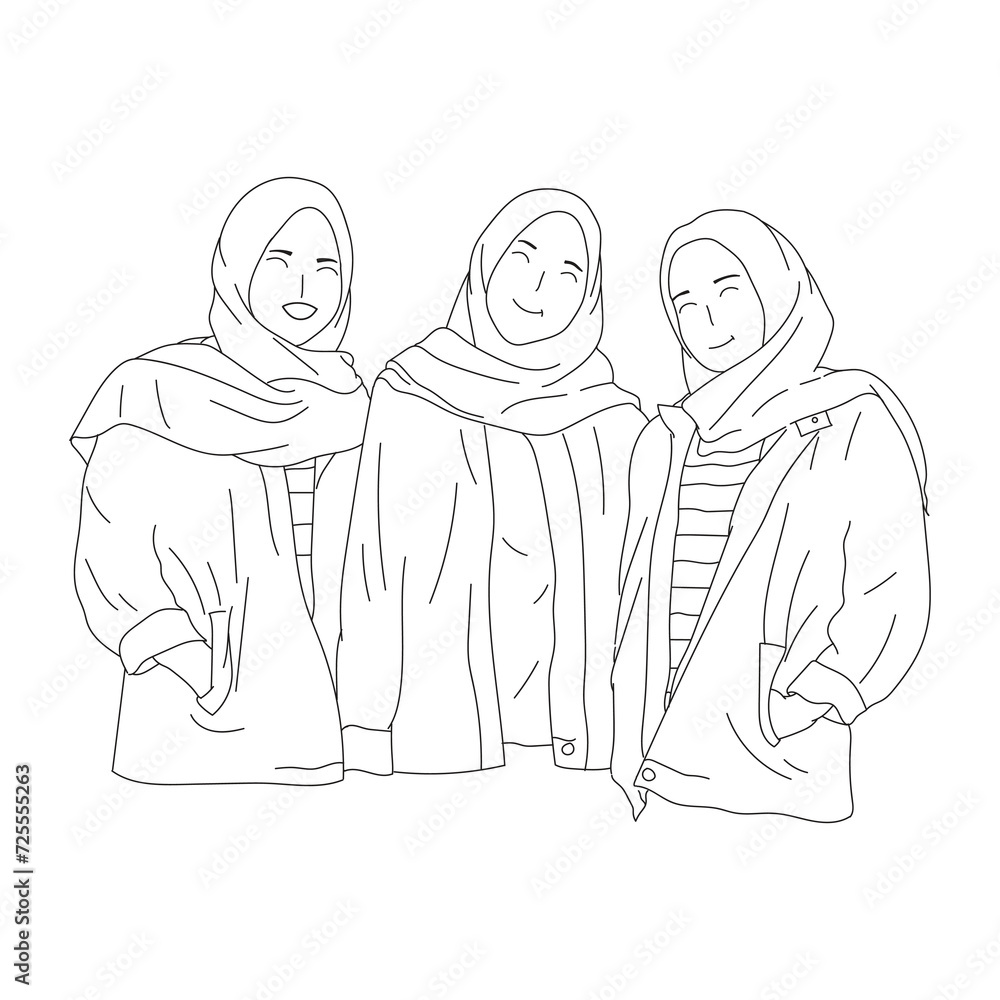 Fototapeta premium line art of friendship female hijab flat illustrations 