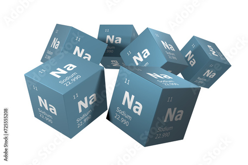 Sodium, 3D rendering of symbols of the elements of the periodic table, atomic number, atomic weight, name and symbol. Education, science and technology. 3D illustration