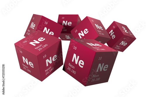 Neon, 3D rendering of symbols of the elements of the periodic table, atomic number, atomic weight, name and symbol. Education, science and technology. 3D illustration