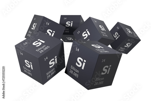 Silicon, 3D rendering of symbols of the elements of the periodic table, atomic number, atomic weight, name and symbol. Education, science and technology. 3D illustration