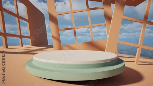 Zoom-in video of product podium mockup sitting on abstract deconstructivism location with walls with windows. Peach fuzz color 2024, With ocean and blue sky seen through windows.