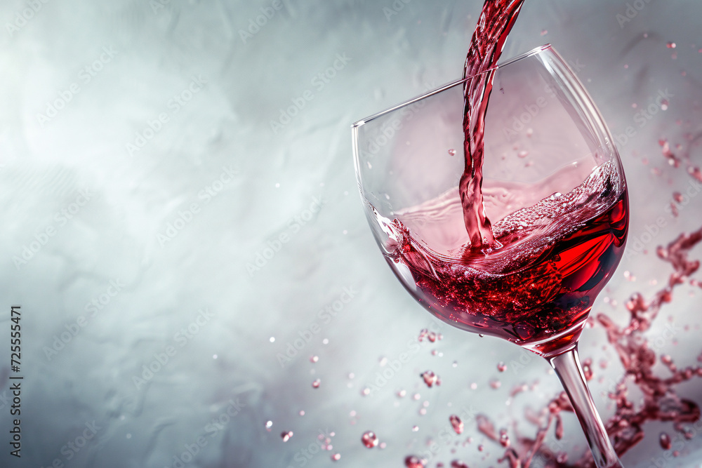 Fototapeta premium Red wine poured into a clear glass against a plain color background. elegance and rich colors