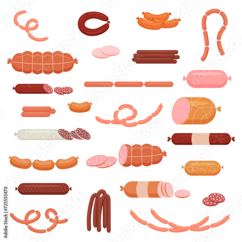 A set of cooked and smoked sausages, sausages, hunting sausages, whole sausage, half, cut, sausage string. Food, meat product. Vector illustration.