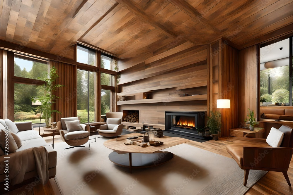 A living room with fireplace and a wooden paneling