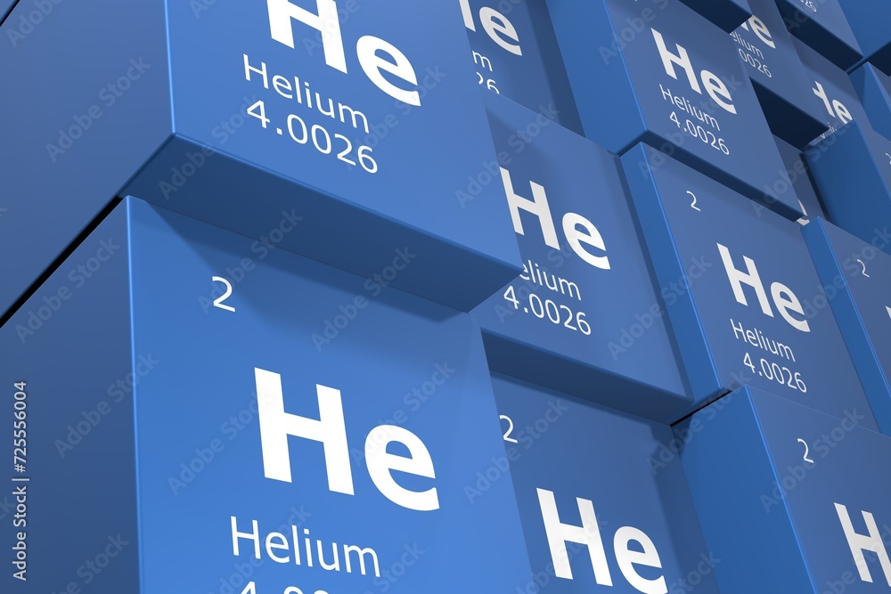 Helium, 3D rendering of cubes of symbols of the elements of the periodic table, atomic number, atomic weight, name and symbol. Education, science and technology. 3D illustration - obrazy, fototapety, plakaty 