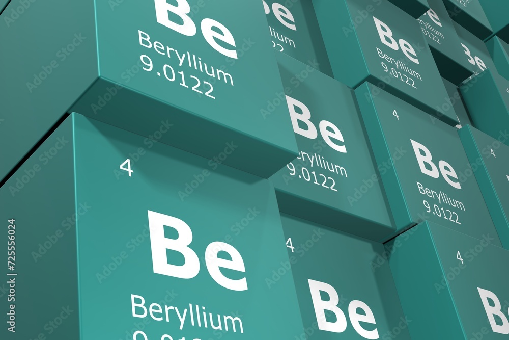 Beryllium, 3D rendering background of cubes of symbols of the elements