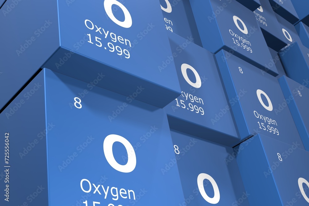 Oxygen, 3D rendering background of cubes of symbols of the elements of the periodic table, atomic number, atomic weight, name and symbol. Education, science and technology. 3D illustration - obrazy, fototapety, plakaty 