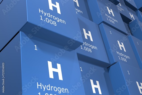 Hydrogen, 3D rendering background of cubes of symbols of the elements of the periodic table, atomic number, atomic weight, name and symbol. Education, science and technology. 3D illustration