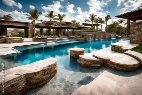 Stone seating next to resort swimming pool