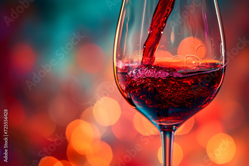 Red wine poured into a clear glass against a plain color background. elegance and rich colors