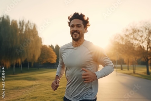 Running man jogging in city park at sunset. Sport fitness model caucasian ethnicity training outdoor.