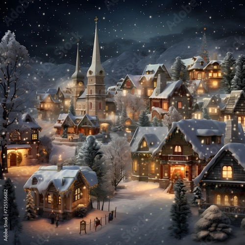 Winter village in snow. Christmas and New Year concept. Digital painting.
