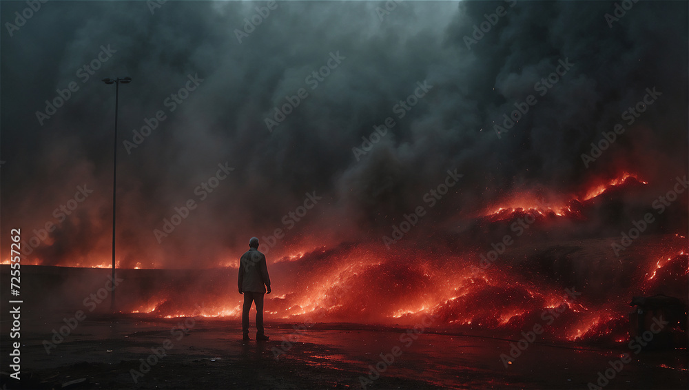 Lone Figure Stands Before a Vast Lava Flow Under a Smoke-Filled Sky Lone Figure Stands Before a Vast Lava Flow Under a Smoke-Filled Sky