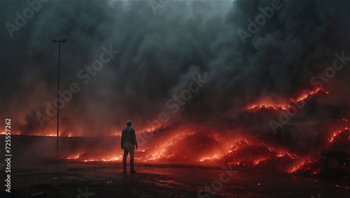 Lone Figure Stands Before a Vast Lava Flow Under a Smoke-Filled Sky