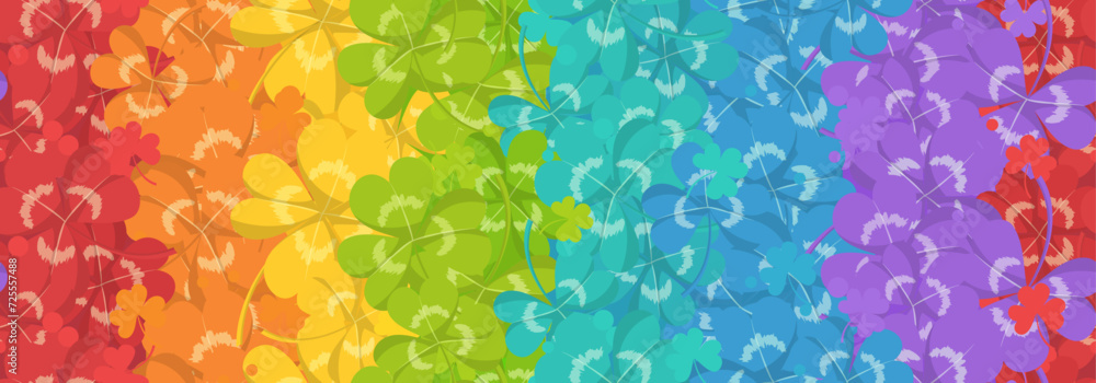 St.Patricks day background with clover leaves. Seamless pattern with rainbow colored shamrocks and lucky four leaves clovers, vector cartoon illustration