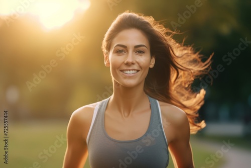 Portrait of a smiling young woman in sportswear running in the park