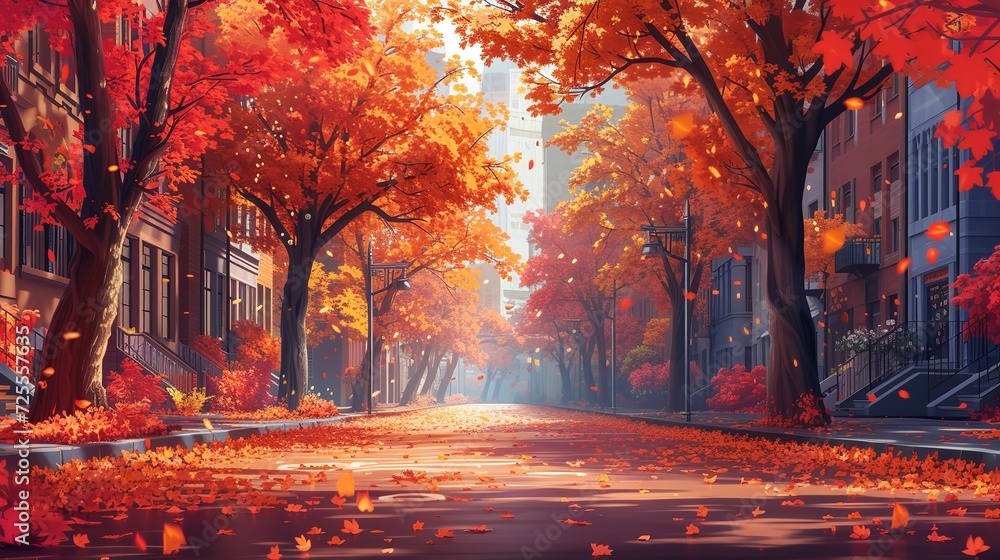 A city's autumnal scene with trees. Generative Ai.