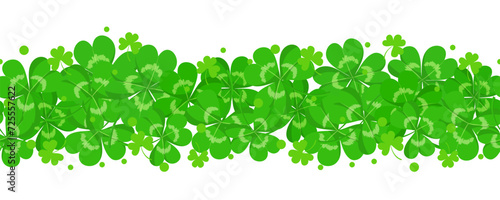 Four leaves clover pattern for Irish St.Patrick day. Seamless border with green shamrocks and lucky clovers with 4 leaves isolated on white background, vector cartoon illustration