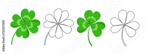 Icons of clover with four and three leaves. Lucky shamrock, symbol of Ireland and St.Patrick day. Green and outline icons of clovers with 3 and 4 leaves, vector set isolated on white background photo