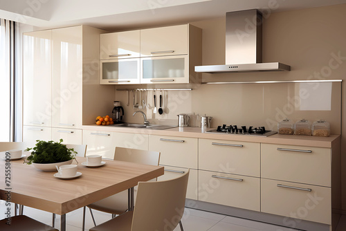Modern minimalist kitchen in beige. Bright spacious kitchen in an apartment or house. Cozy home interior