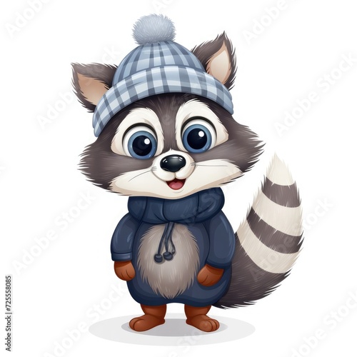Illustration of a cute raccoon wearing a knitted hat  scarf and jacket on a white background.