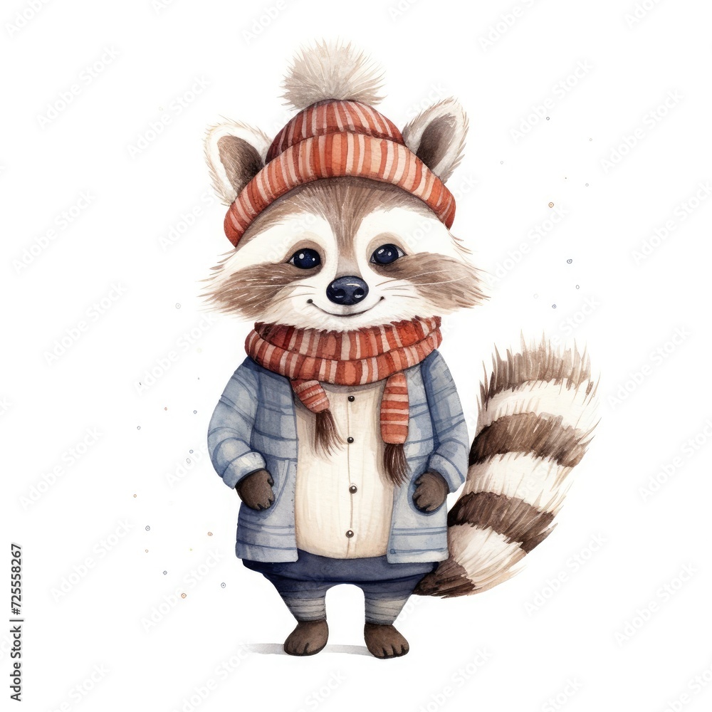 Fototapeta premium Watercolor illustration of a cute moose wearing a knitted hat, scarf and jacket on a white background.