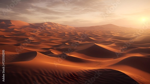 Desert landscape with sand dunes at sunset. 3d render