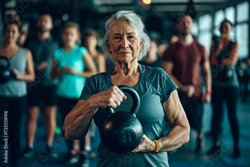 Senior woman with kettlebell exercising amidst people at health club photo