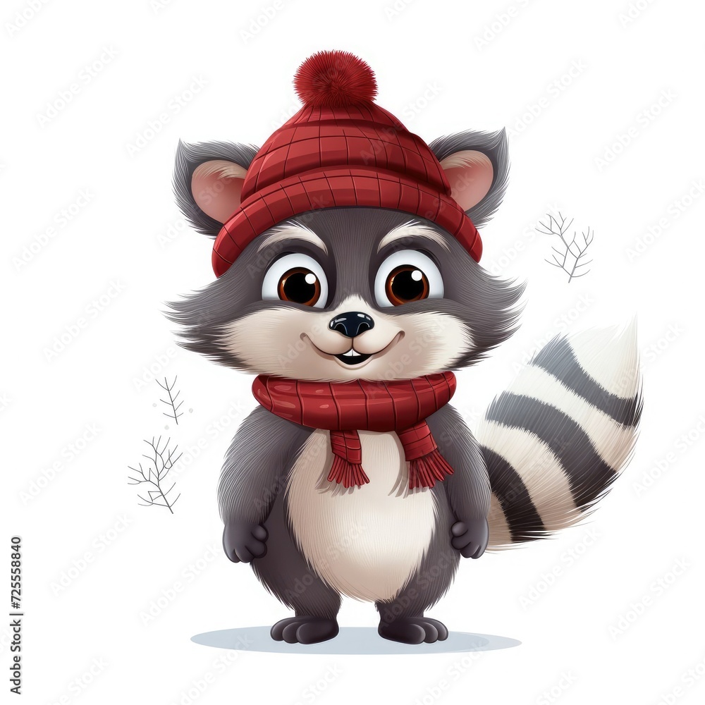 Illustration of a cute raccoon wearing a knitted hat, scarf and jacket on a white background. Illustration of a cute raccoon wearing a knitted hat, scarf and jacket on a white background.