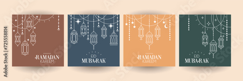 Collection of square greeting cards for Ramadan Mubarak. Set postcard style of one line, on a monochrome background with lanterns, stars, calligraphy. Simple vector illustration for social media